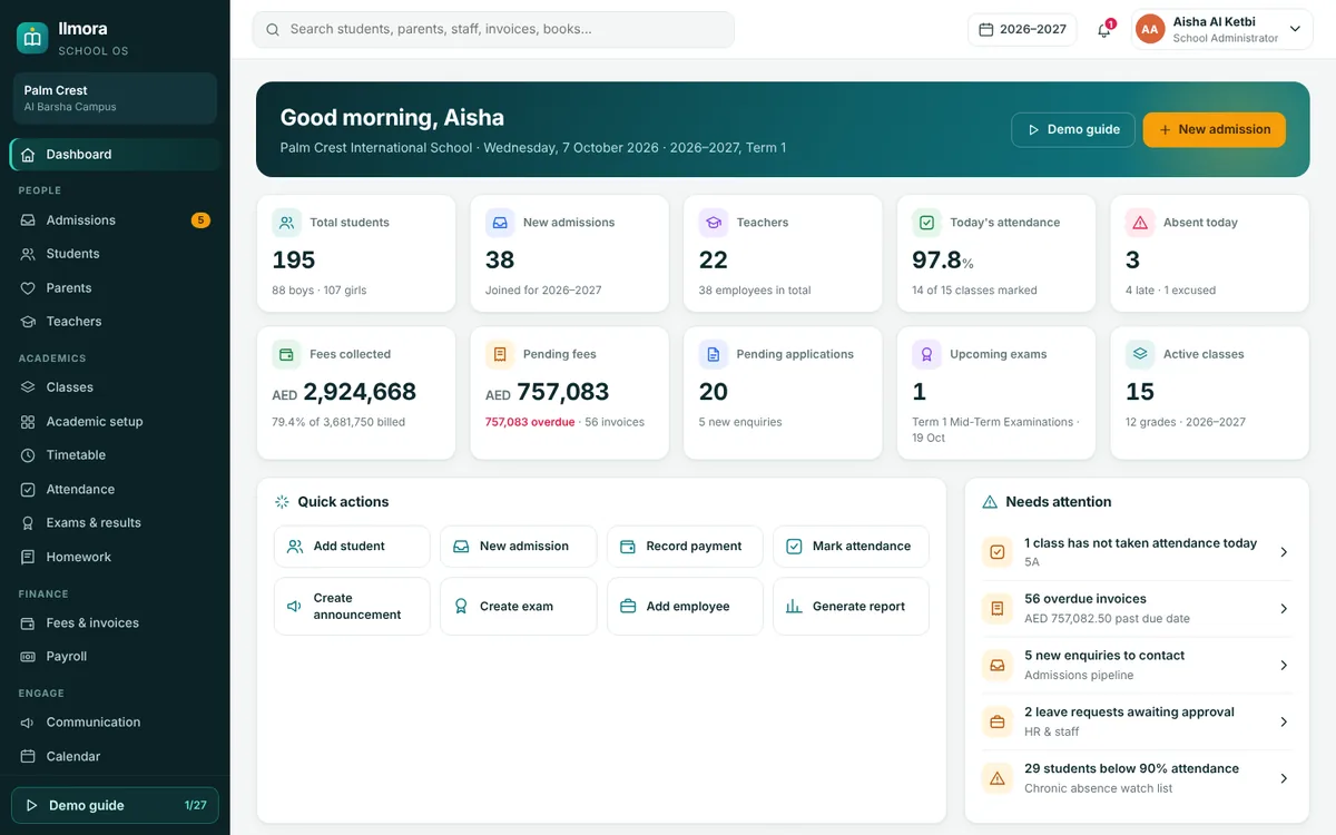 Ilmora school management demo dashboard with students, attendance, fees and admissions