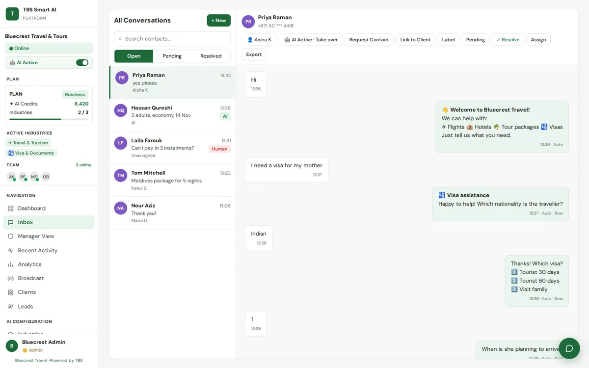 TBS Smart AI demo inbox with an AI-led WhatsApp visa conversation