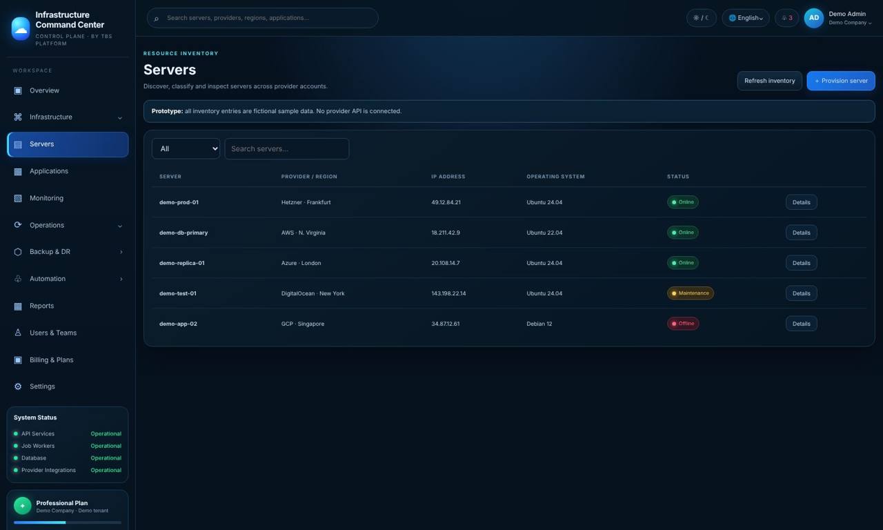 ICC Servers screen with sample data